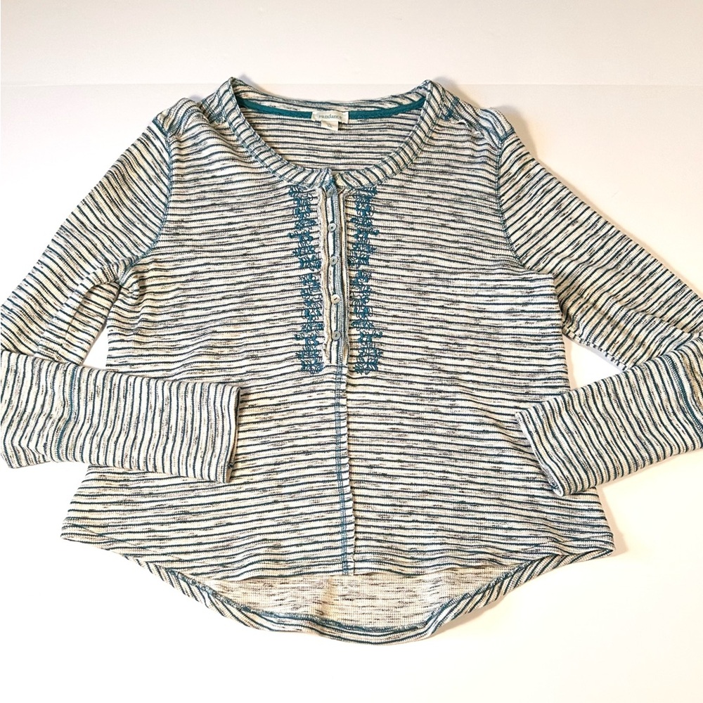 Sundance Embroidered Teal/Off White Quarter Button Down Striped Henley Top